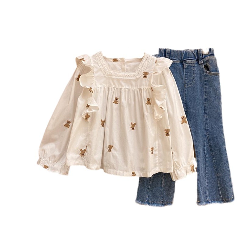 Girls' Fashionable Two-piece Set Autumn New Children's Stylish Lace Flying Sleeve Doll Shirt Burr Edge Jeans Set