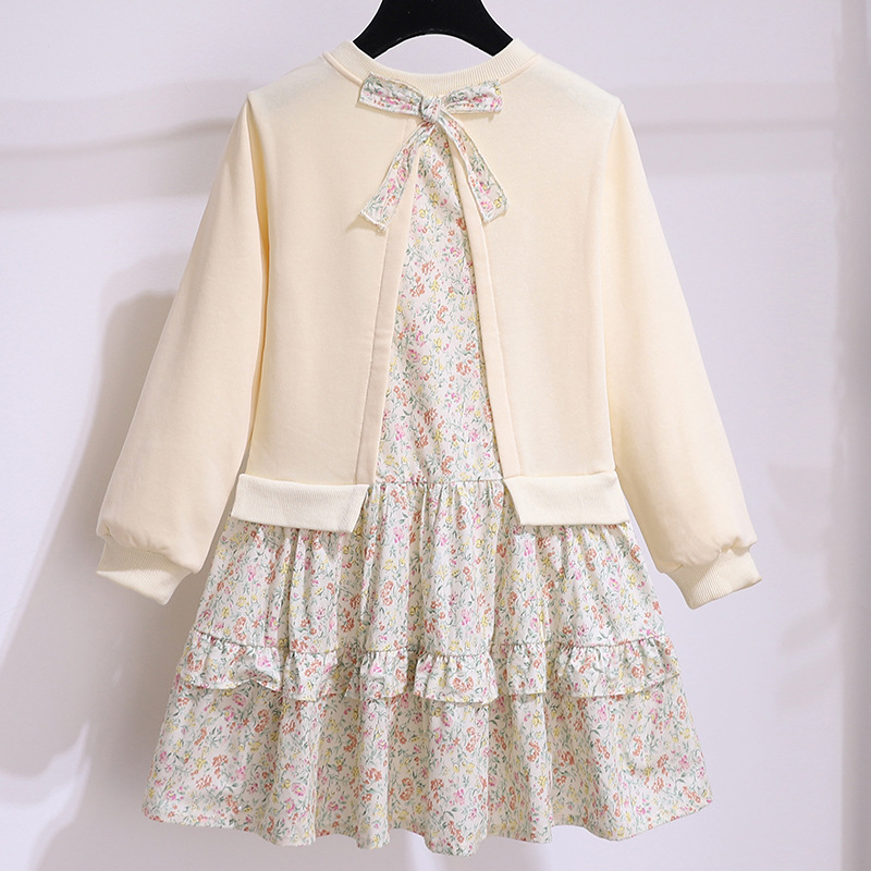 Girl's Dress Spring Long-sleeved Western Style Fake Two-piece Sweater Stitching Floral Dress Spring and Autumn Children's Princess Dress