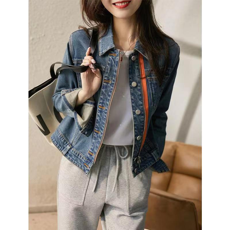 Contrast Color Zipper Denim Jacket Women's New 2023 Early Spring Retro Fashion All-match Short Jacket for Petite Spring and Autumn