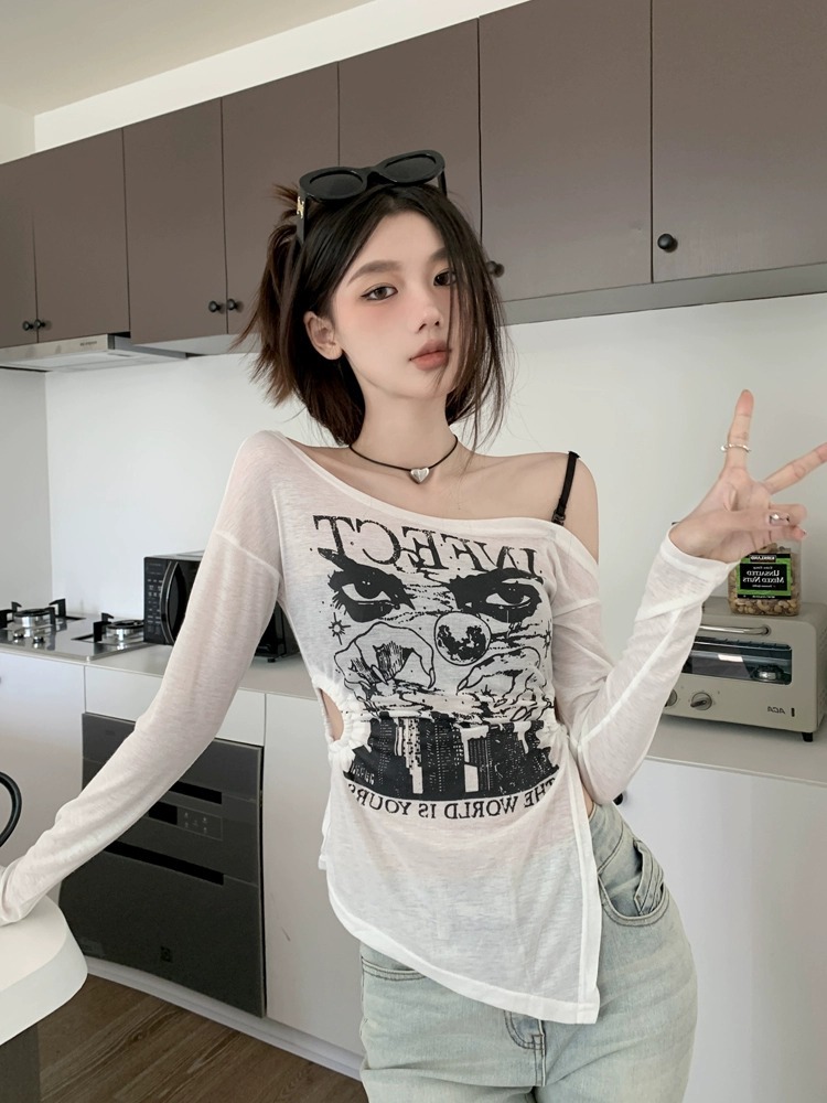 PPHOME soft and sweet ~ long-sleeved sun protection blouse women's design hollow off-shoulder slim slimming thin top