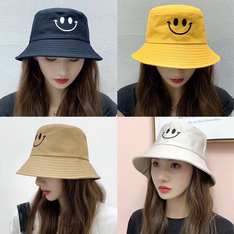 Double-sided smiley face fisherman hat Korean-style embroidered two-side sun hat Four Seasons universal basin hat foreign trade western style hat