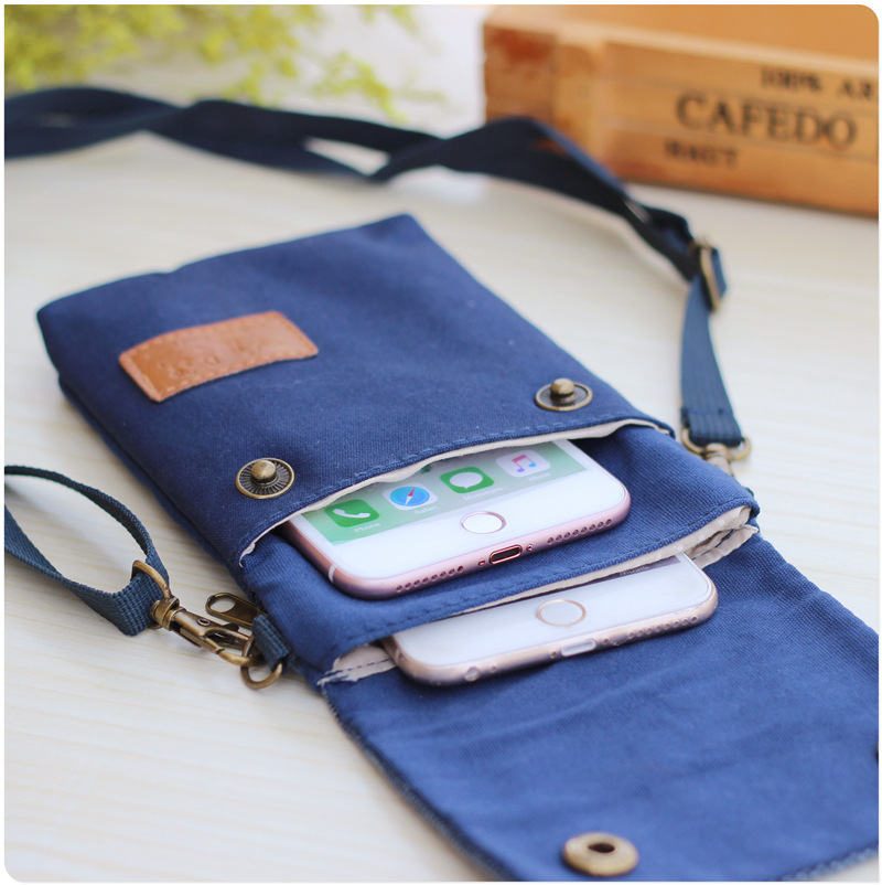 Solid color canvas 3-layer crossbody mobile phone bag simple fabric women's bag wholesale fashion satchel wallet