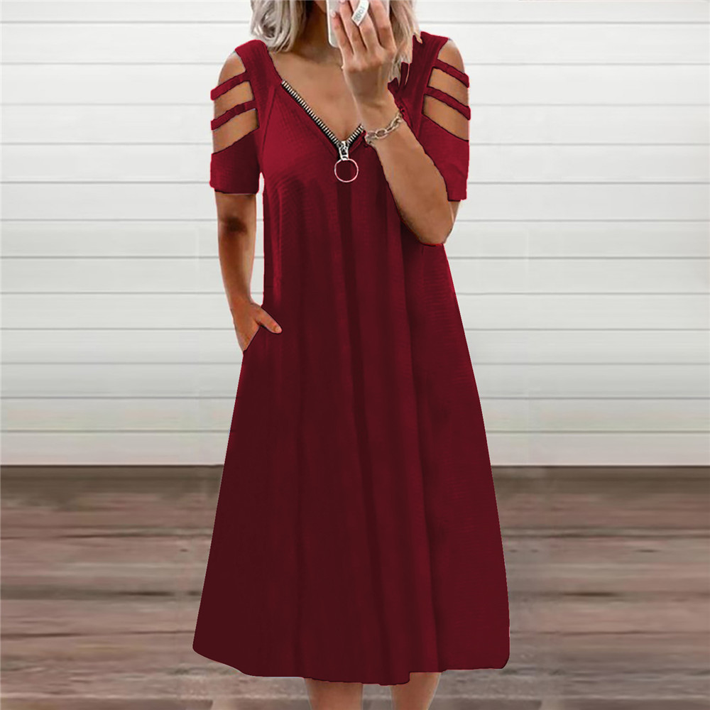 2023 Summer Cross-border European and American Women's wish Independent Station Hot V-neck Sexy Solid Color Zipper Short-sleeved Dress