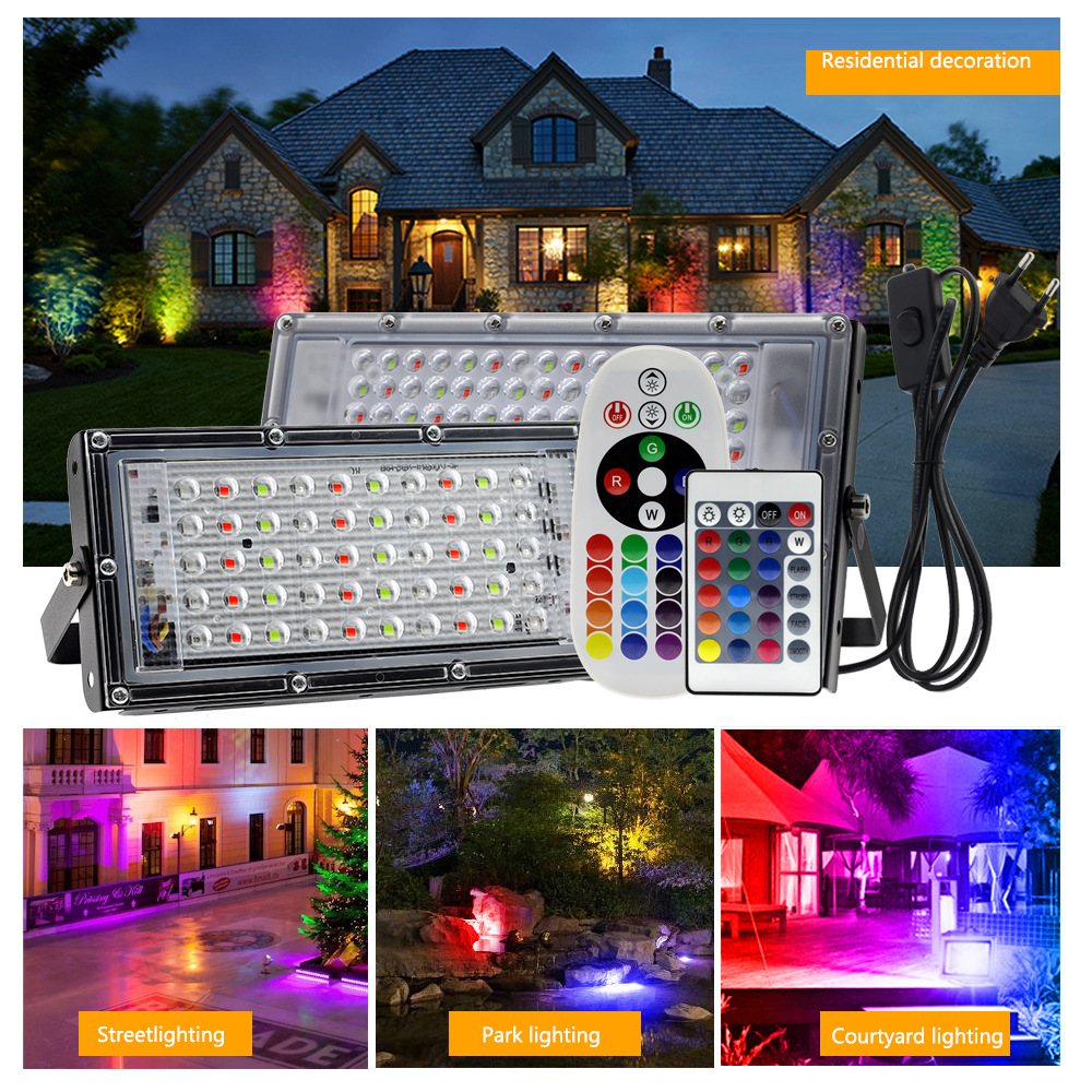 Cross-border new outdoor landscape lighting 100W colorful RGB flood light with remote control color changing led floodlight