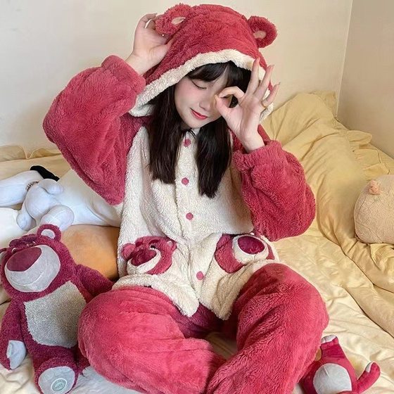 Autumn and Winter Strawberry bear pajamas women's thickened warm hooded plush cardigan casual simple home wear suit