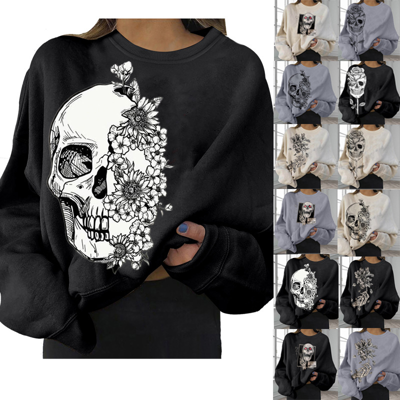 Fashion Halloween Series Printed Women's Plus Size Top 2023 European and American Cross-border New Loose Slim Sweat