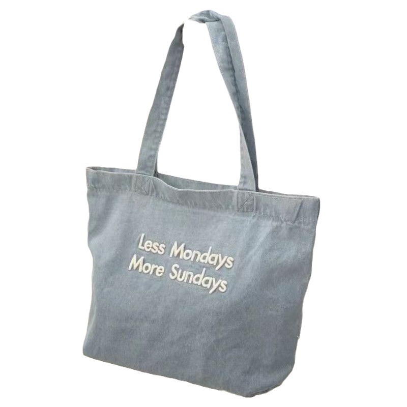 Korean Style Ins Embroidered Denim Bag Fashionable All-match Class-commuter Bag Retro American Shoulder Hand Tote Bag