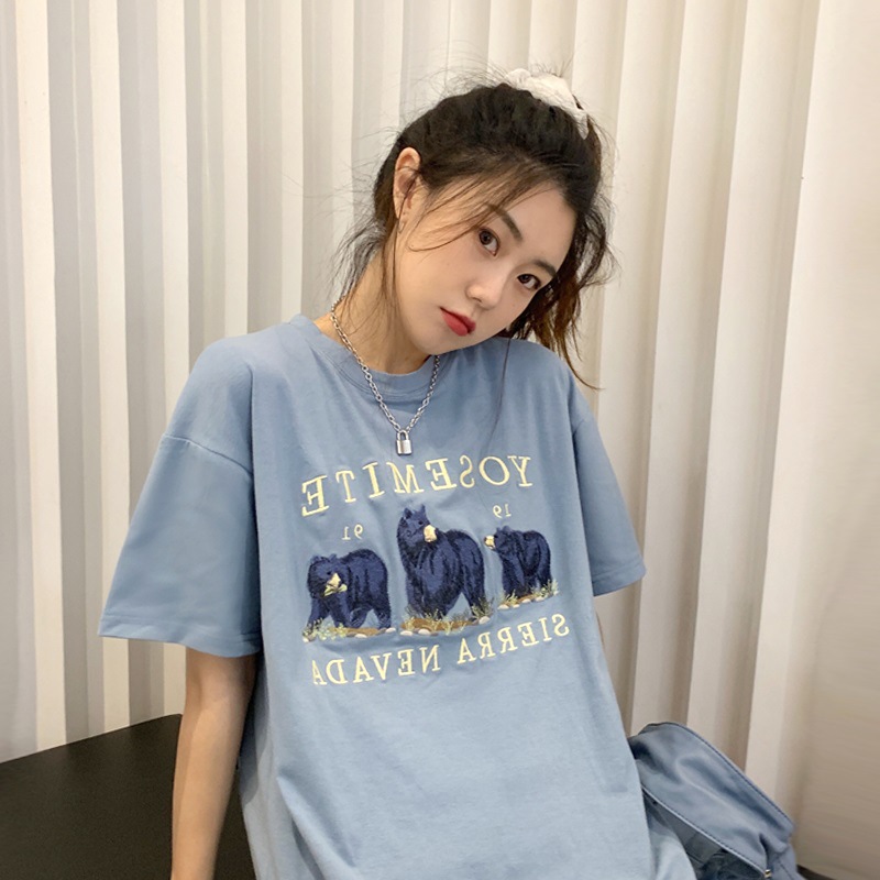 2024 summer Korean version of short sleeve T-shirt women's long bottoming shirt female cartoon student loose top women's wholesale