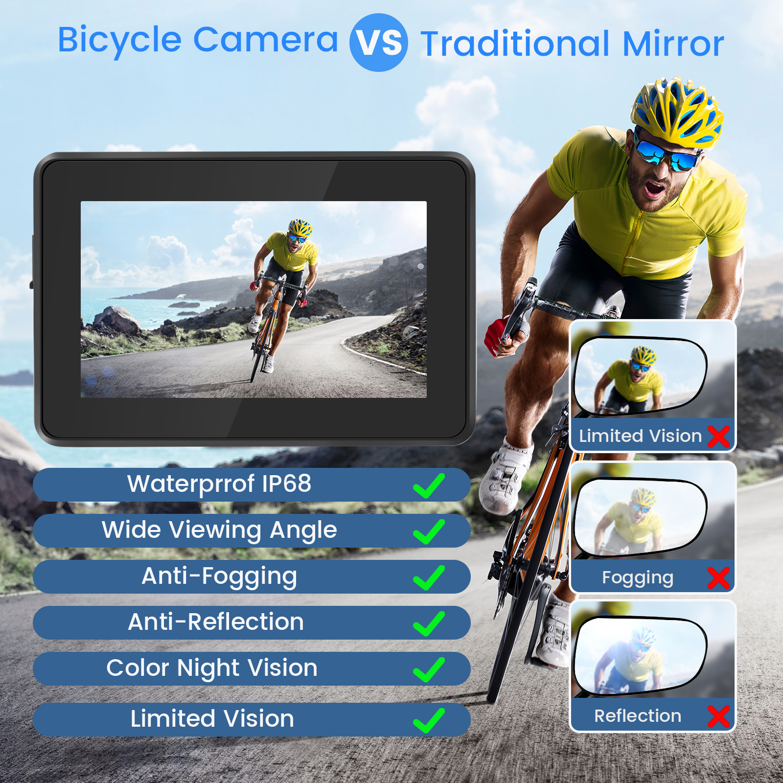 Electric bicycle riding mountain bike rearview mirror HD night vision camera reversing riding electric car Universal