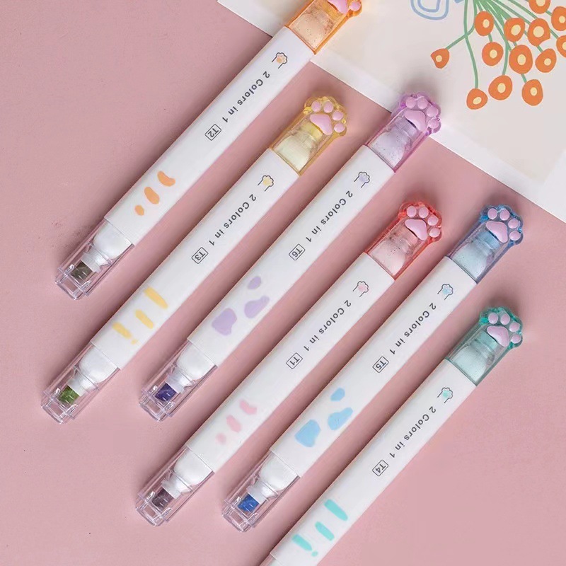 "Sky High 1061 Cat Paw Glitter Pen Dual Head 12 Colors Instagram Student Notebook Focused Color Highlighter"