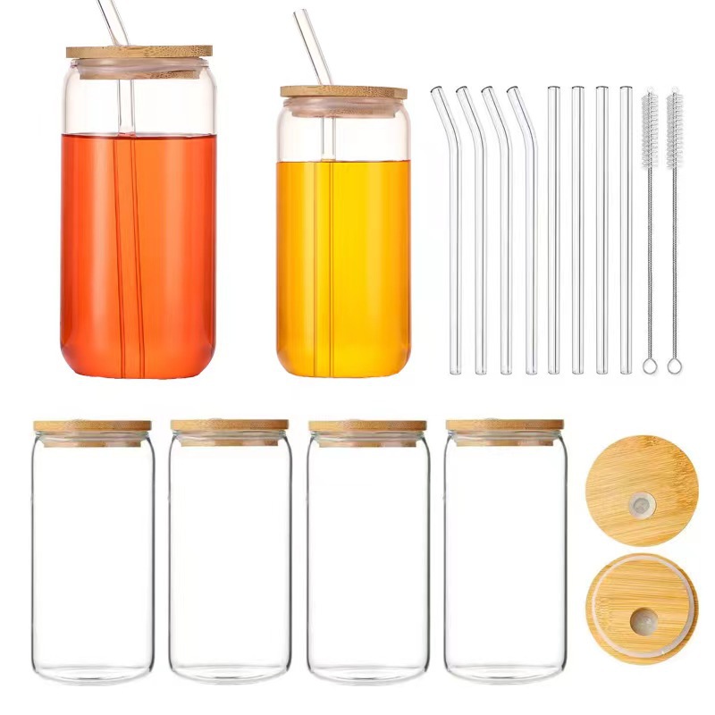 High Borosilicate Glass Bamboo Lid Single Layer Juice Cup with Straw Transparent Glass Coke Cup Large Capacity Single Layer Cup