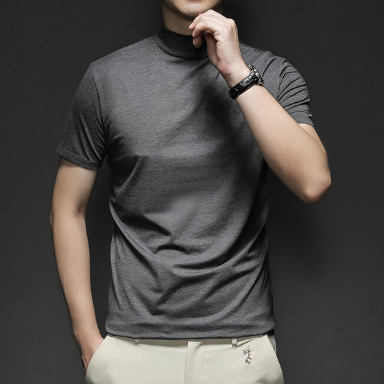 Amazon Four Seasons Men's Crewneck Half-high Collar Short-sleeved T-shirt New Solid Color Slim-fit Teenager Middle Collar Base Top