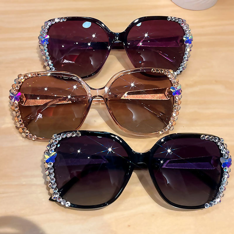 2023 New Rhinestone Sunglasses ins Sunscreen UV-proof Sunglasses Personalized Women's Big Face Slimming with Diamond Fashion Brand