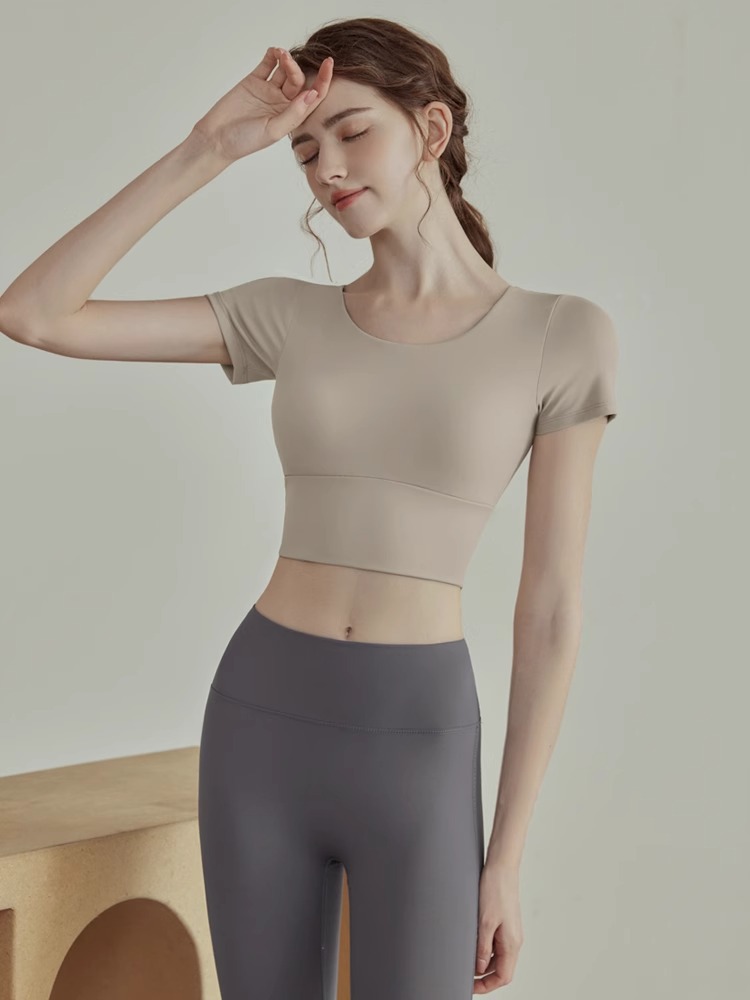Fitness Short-sleeved Yoga Suit Top High-end Sports Underwear Women's Shockproof Short-sleeved Quick-drying Tight Clothes with Chest Pad for Women