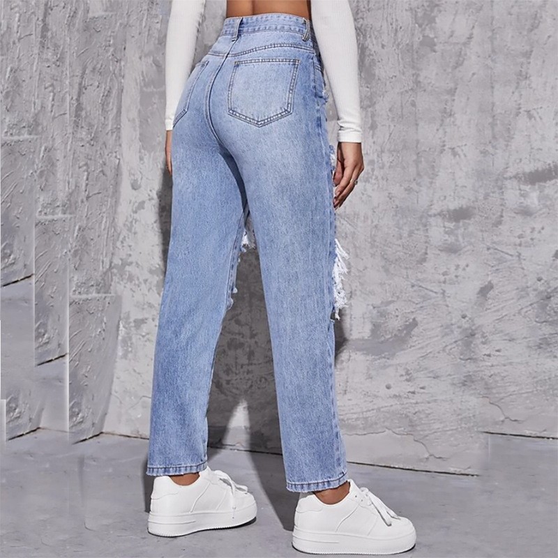 European and American Ripped Jeans Women's 2024 New Amazon Cross-border Hot Wash High Waist Straight Jeans