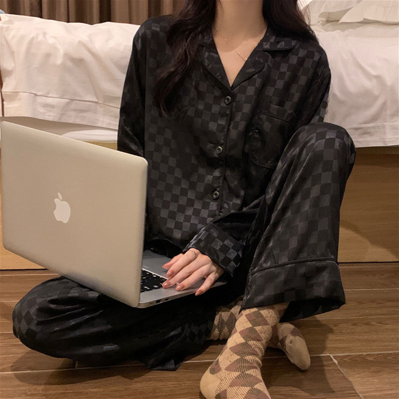 Spring and Autumn Pajamas Women's Autumn Ice Silk Long Sleeve Two-Piece Set Women's 2022 New Summer Thin Silk Home Clothes