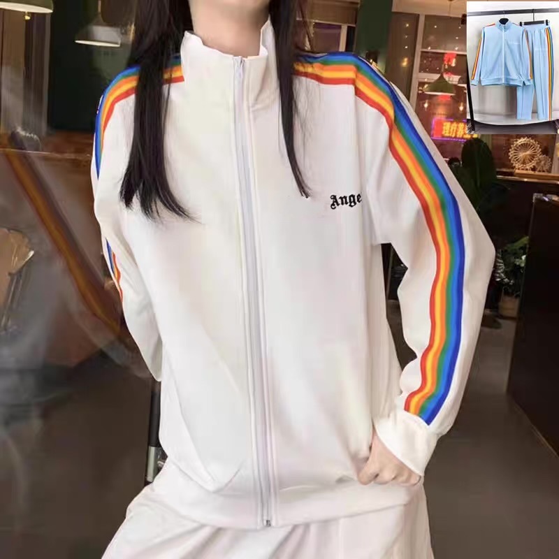 Foreign Trade Correct Edition PA Fashion Brand Rainbow Stripe Ribbon Zipper Jacket Palm Tree Retro Sports Jacket School Uniform for Men