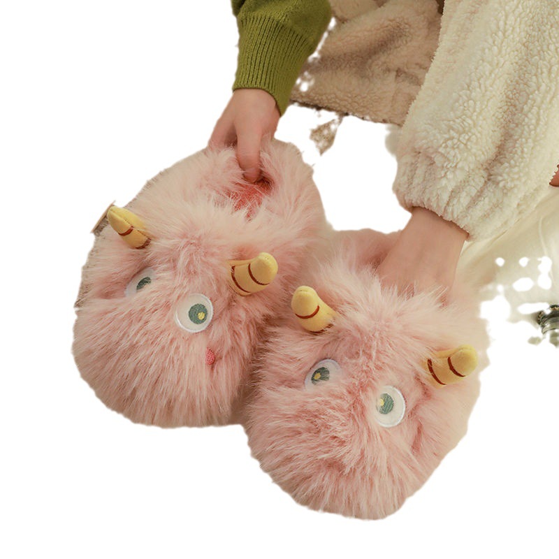 Furry fleece-lined little monster cotton slippers women's autumn and winter cute home warm indoor home confinement winter
