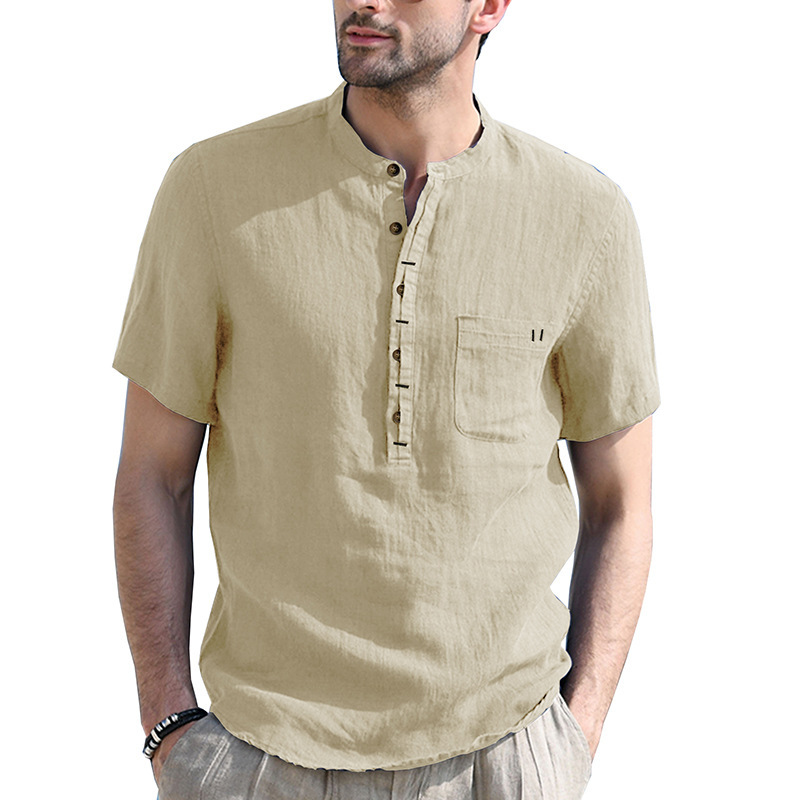 Foreign trade cross-border men's clothing Henry collar solid color short-sleeved shirt Amazon European and American men's cotton and linen shirt wholesale supply