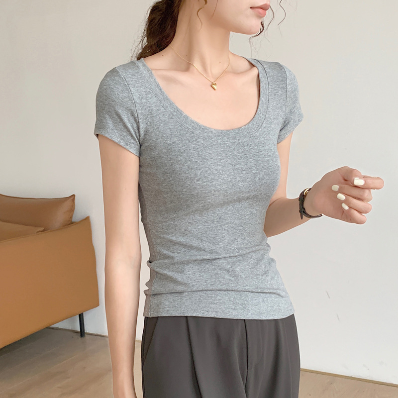 High-quality Cotton T-shirt Women's Short-sleeved Slim-fit Crewneck Sexy Tight 2025 New Summer Top Solid Color Base Shirt