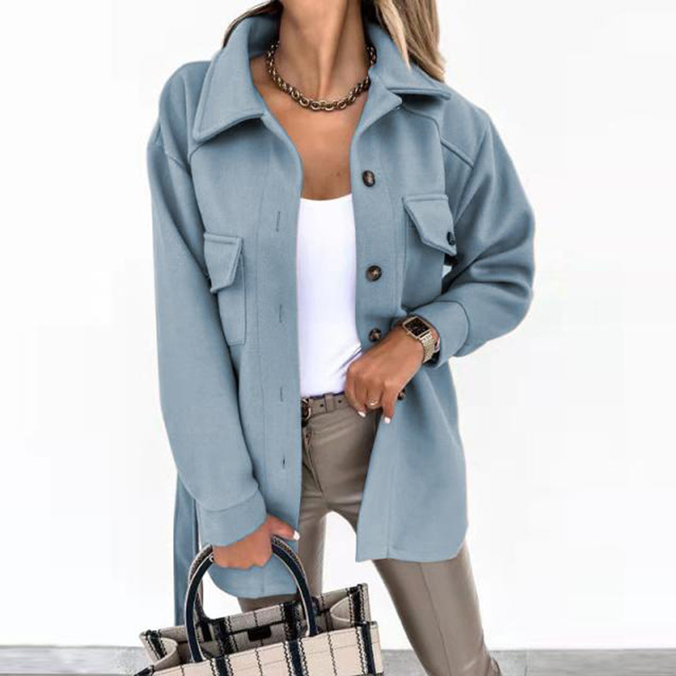 2023 Amazon Fall/Winter Cross-border New Women's Long-sleeved Elegant Solid Color Lapel Button Lace-up Wool Jacket