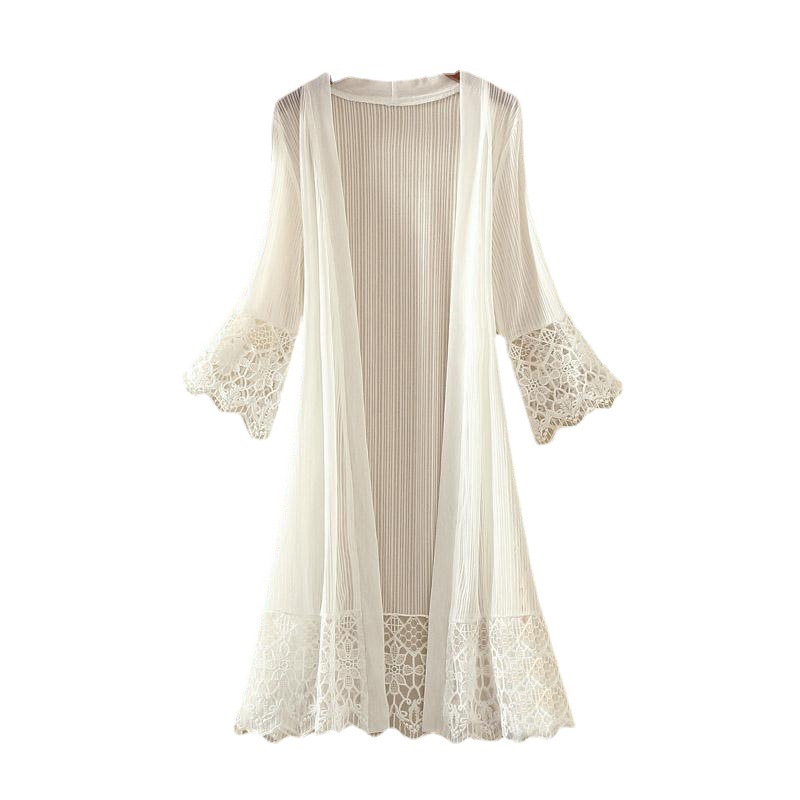 Sunscreen Clothing Women's Summer Long Perspective Lace Shirt Cardigan Trumpet Sleeve Stitching Loose Shawl Thin Coat