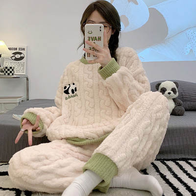 Cross-border hot pajamas women's long-sleeved autumn and winter Internet celebrity plush twist warm home wear women's sweet two-piece suit