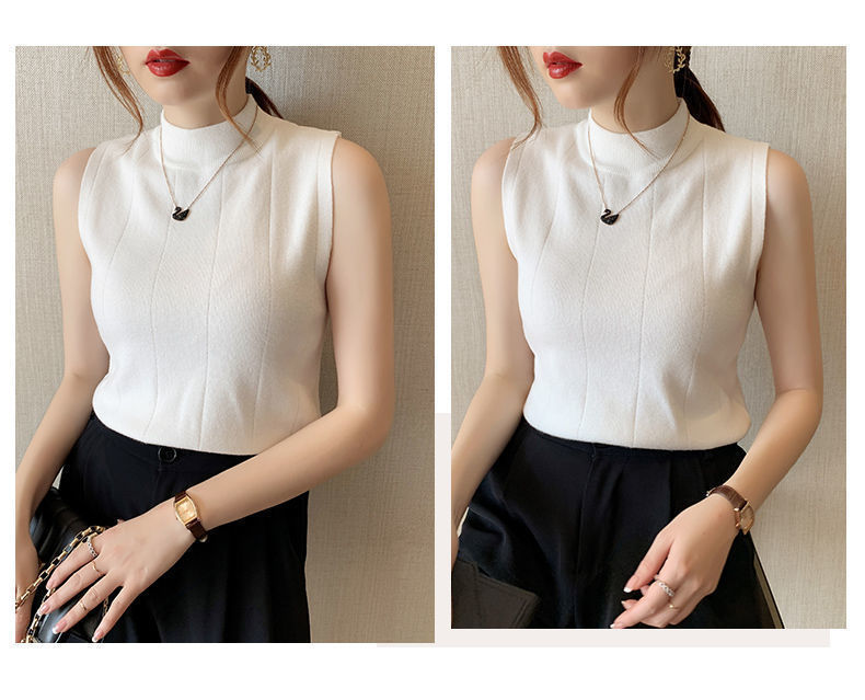 2023 Summer new half turtleneck thin sleeveless short bottoming shirt knitted T-shirt women's slim fit inner T-shirt vest