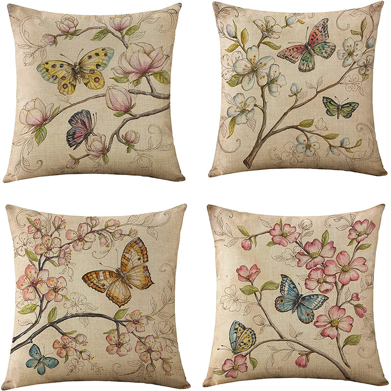 Vintage Flower Plant Pillow Case Linen Printing Living Room Sofa Bedroom Decorative Cushion Pillow Case Cross Border Amazon
