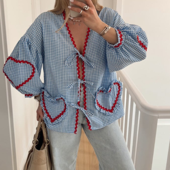 European and American Cross-border Explosions 2024 New Plaid V-neck Shirt Love Pocket Lace-up Long Sleeve Loose Top