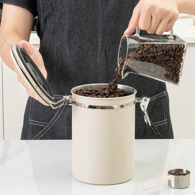 茶葉乾果儲存罐咖啡粉密封罐帶勺日期1.8L 咖啡豆密封罐304不鏽鋼