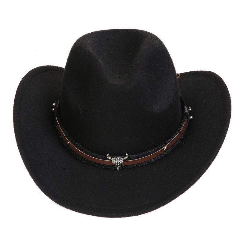 Amazon Hot Top Hat Ethnic Style Cow Label Western Denim Top Hat Roll Brim Retro Riding Hat Woolen Felt Hat