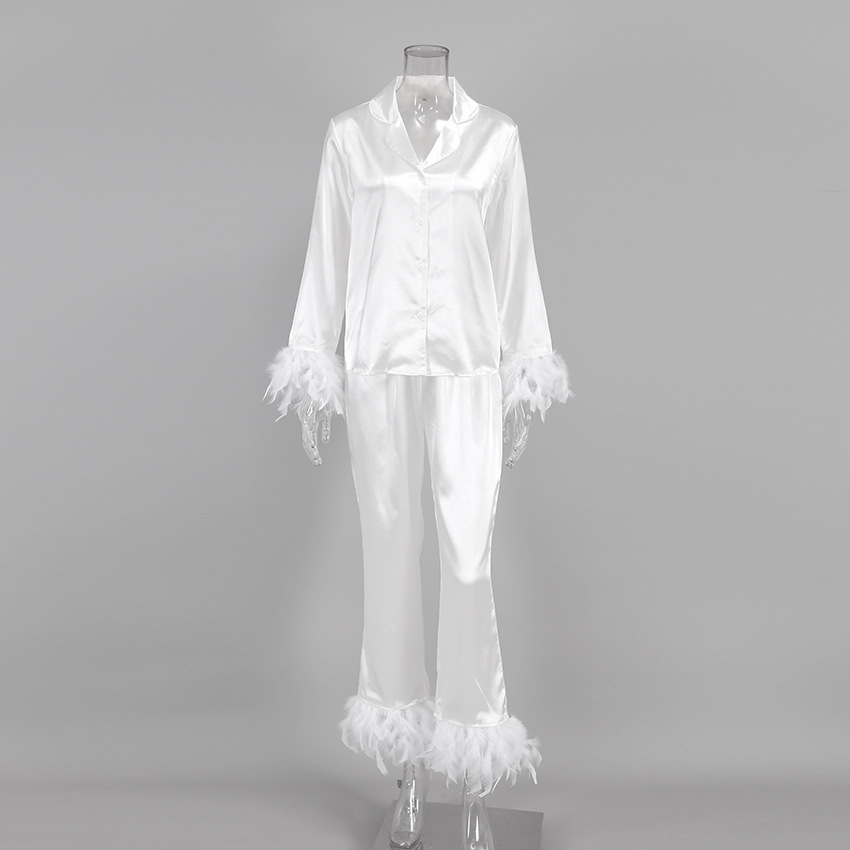 Φθινόπωρο 2024 Ευρωπαϊκές και Αμερικανικές Πιτζάμες από Μεταξωτό Πάγο Μόδα Πουκάμισο με Φτερά Στρουθοκαμήλου Παντελόνι Χαλαρά Δύο Τεμαχίων Ρούχα Σπιτιού από Φτερά για Γυναίκες_voghion.com