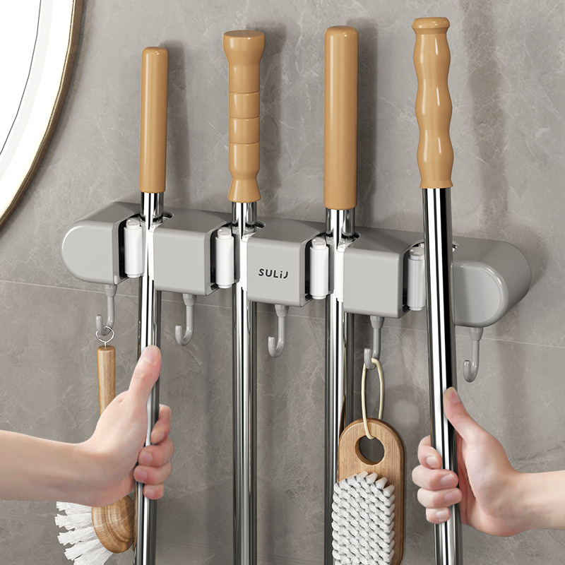 Bathroom Mop Rack Hook Punch-free Wall Hanging Bathroom Powerful Buckle Mop Clip Artifact Mop Rack Storage