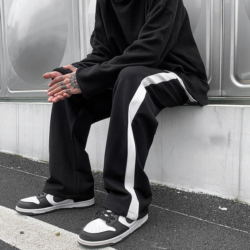 Side Stripe Contrast Cropped Casual Pants Men's Wide Leg Loose Straight Pants Korean Fashionable Student Sports Long Pants