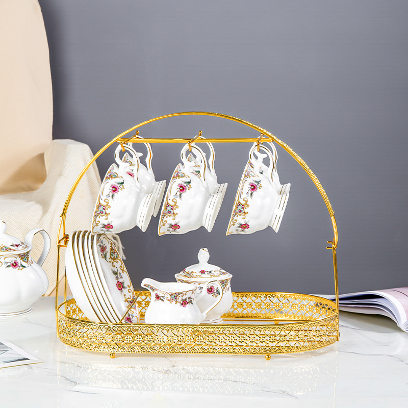 Household Western tea cup coffee cup creative carved draining hanging Cup iron rack tea set storage tray storage rack