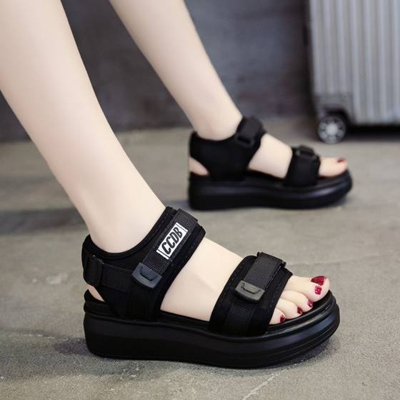 Sports Sandals Women's 2025 Summer New All-match Cyber Popular Platform Thick-soled Wedge Flat Soft-soled Beach Shoes for Students