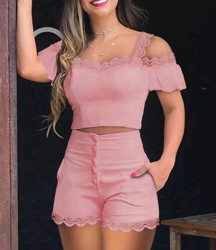 2021 Europe and the United States new off-shoulder stitching lace high waist slim casual pants suit a large number of spot