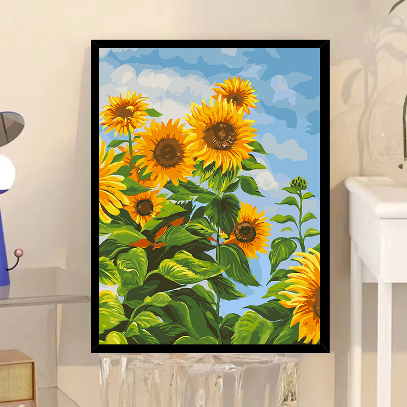 Sunflower digital oil painting diy color filling hand painting oil painting filling acrylic graffiti Korean style with frame foreign trade Wholesale