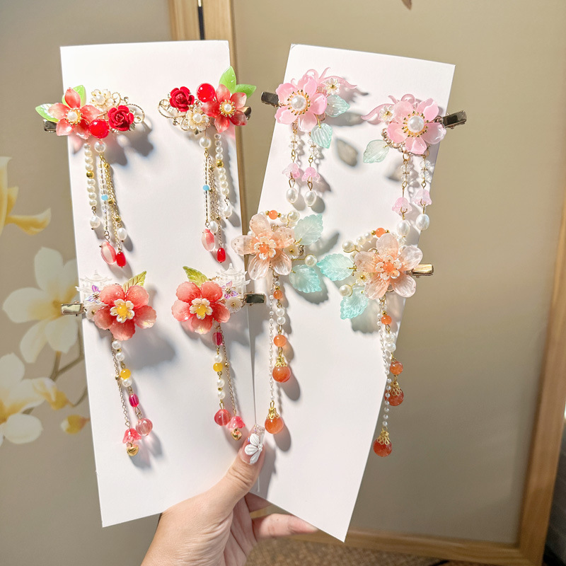 Children's retro Hanfu hair accessories little Princess New Year tassel hairpin headdress Super fairy little girl glass headdress Flower hairpin