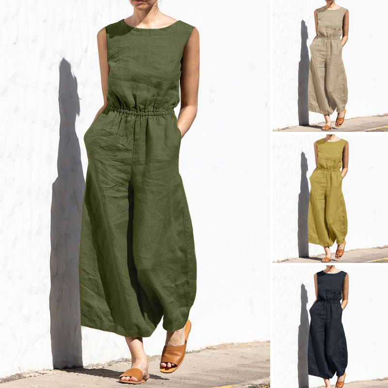 2023 cross-border Europe and the United States summer solid color high waist sleeveless pants women's fashion casual loose temperament jumpsuit