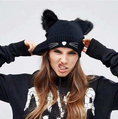 Cross-border new cat ears knitted hat embroidered wool hat cute autumn and winter warm pullover hat foreign trade cold hat