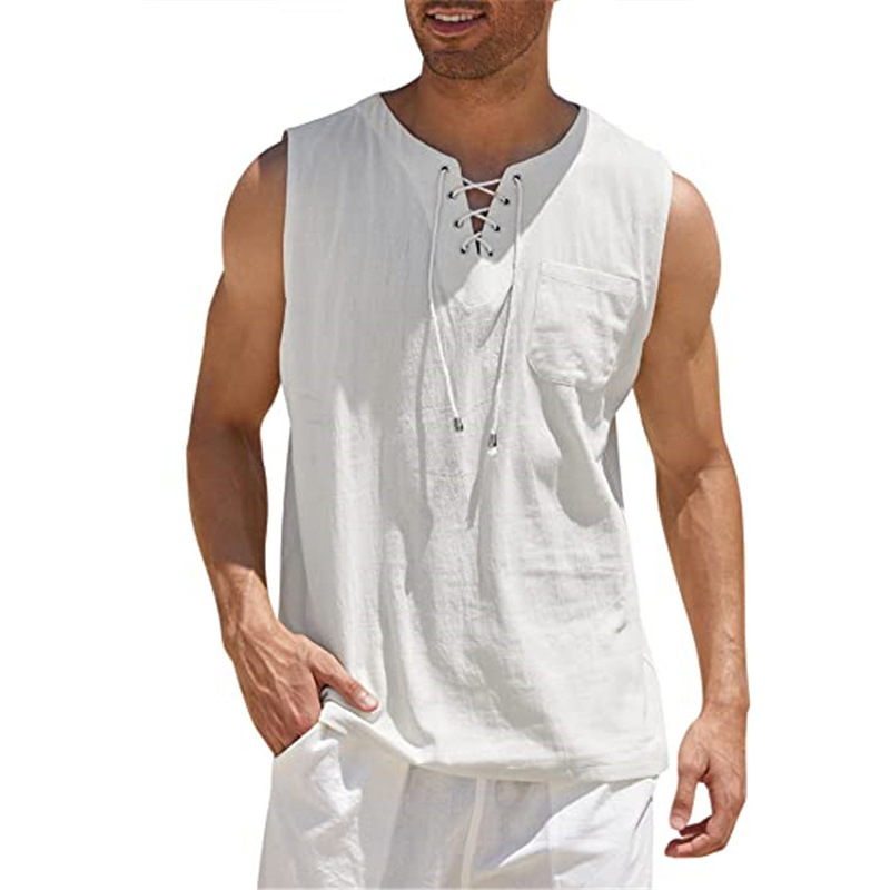 2024 Cross-border Amazon Hot Sale New Men's Vest Shirt Lace-up Fashion Solid Color Cotton and Linen Short-sleeved T-shirt