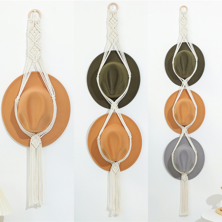Bohemian cotton rope woven hat storage rack multi-layer wall hanging storage clip hanging hat tassel decoration