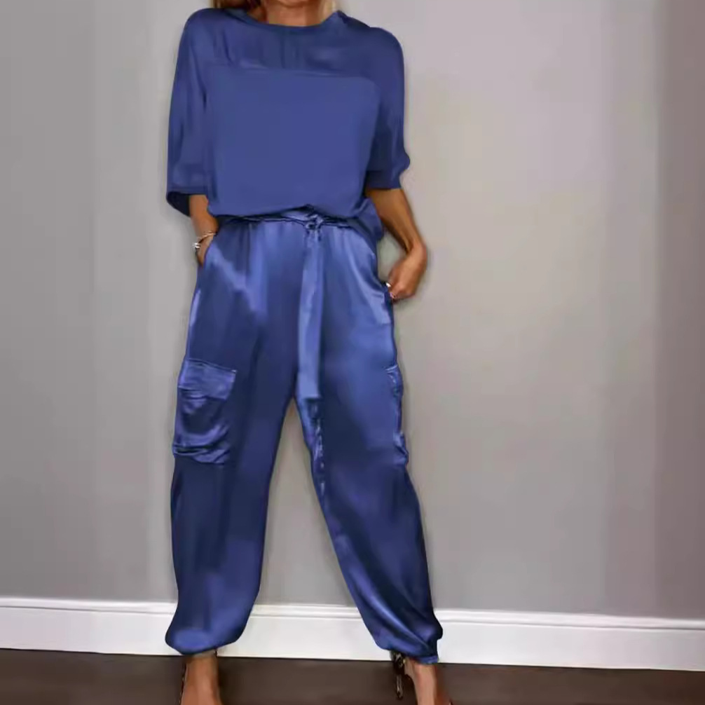 Amazon Europe and America Spring and Autumn New Cross-border Fashion Women's Solid Color Smooth Satin Half Sleeve Top Two-piece Set