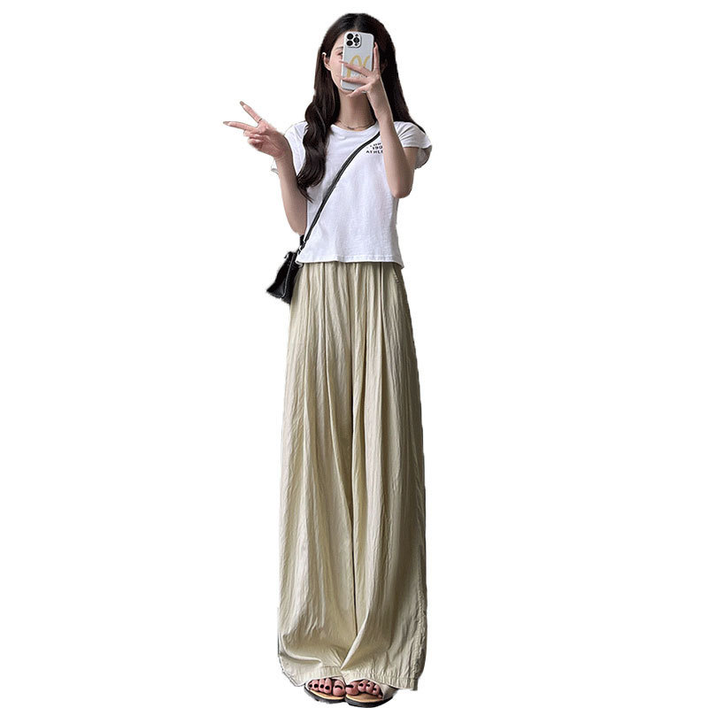 Milk Apricot Ice Silk Wide-leg Pants Women's 2025 New Spring and Summer Japanese Style Thin Straight Loose Casual Pants for Little Yamamoto