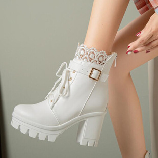 2023 Autumn and Winter Fashion Korean Style Large Size Short Boots Martins Women's Thick Heel Platform Lace Lace Martins 3809