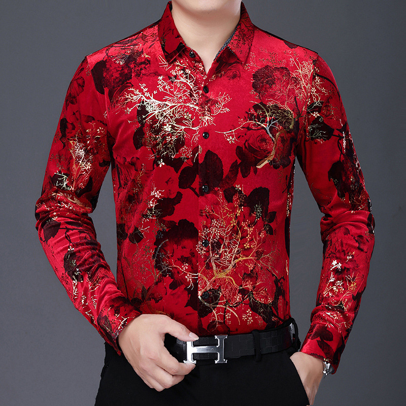 Sequin Print Spring and Autumn New Long-sleeved Shirt Men's Fashion Trendy Brand European and American Men's Boutique High-end Flower Shirt Bronzing