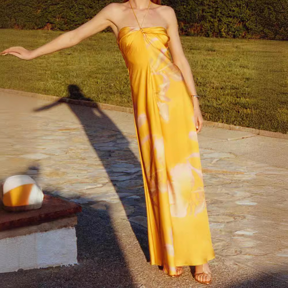 European and American Cross-border 2024 Summer New Yellow Printed Satin dress Sleeveless Neck Backless Long Dress Sexy Style