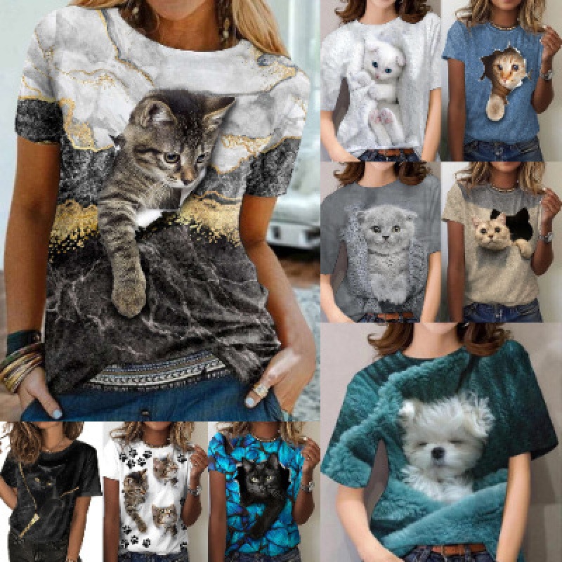 2024 Amazon Independent Station Women's Short-sleeved T-shirt Cute Cat 3D Print European and American Foreign Trade Women's Wear Straight Hair